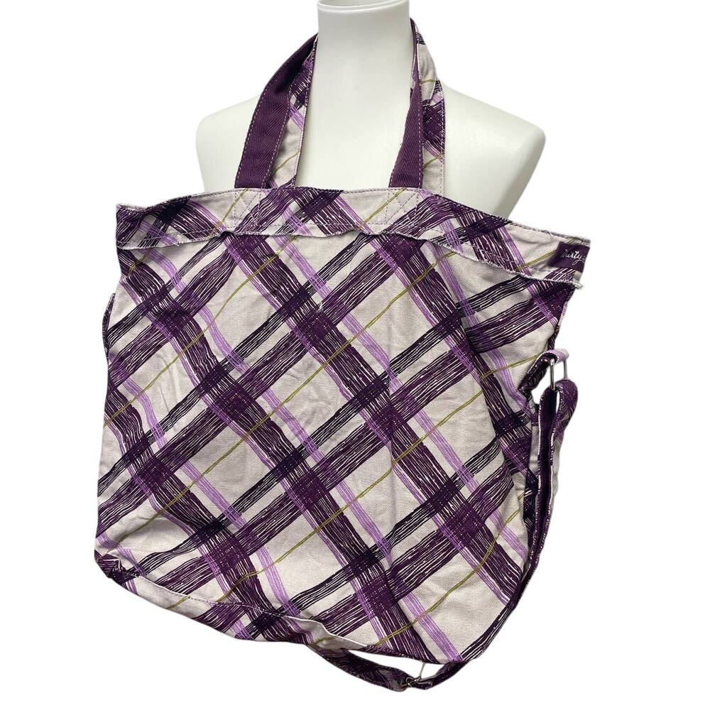 Thirty One Purple Plaid Retro Metro Canvas Handbag Adjustable Strap Tote Bag